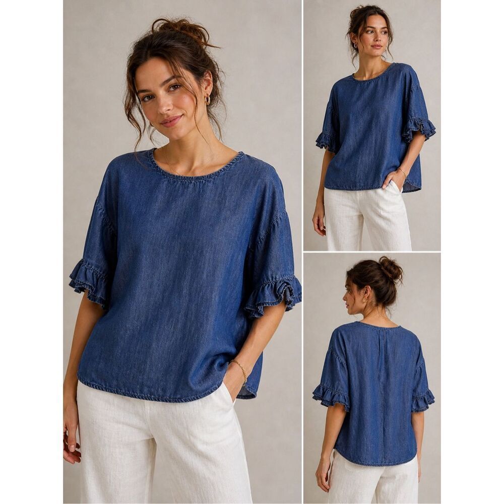 Dizzy Lizzy Chambray Blouse Blue Ruffle Sleeve Top Size Approx US 8 Lightweight
